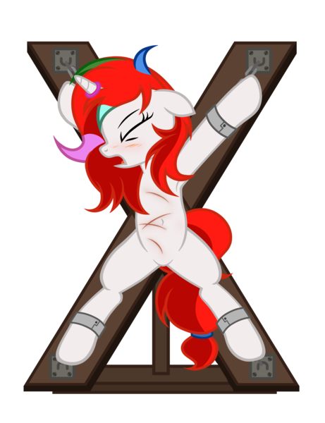 Size: 3716x4840 | Tagged: suggestive, artist:equestria secret guard, derpibooru import, oc, oc:shallow light, unofficial characters only, alicorn, pony, unicorn, alicorn oc, bdsm, blushing, bondage, bondage cross, bondage cuffs, bondage furniture, bondage gear, bound, bound wrists, chains, cuffs, featureless crotch, female, helpless, horn, horn ring, image, jewelry, magic suppression, mare, open mouth, panting, png, ring, scar, simple background, solo, spread eagle, spread legs, spreading, struggling, tied up, transparent background, unicorn oc, wings