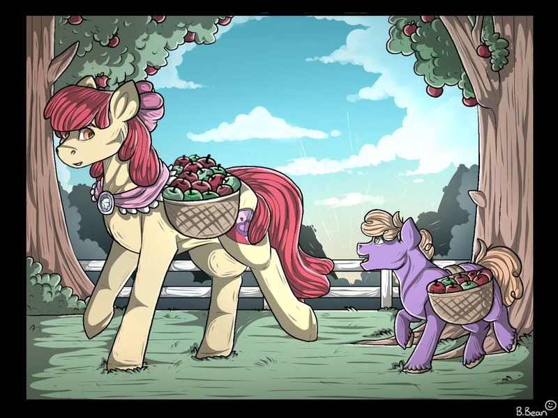 Size: 1280x960 | Tagged: safe, artist:binibean, derpibooru import, apple bloom, little mac, earth pony, pony, apple, apple tree, aunt and nephew, basket, clothes, colt, duo, female, foal, food, goldie delicious' shawl, image, male, mare, older, older apple bloom, png, shawl, sweet apple acres, tree, walking