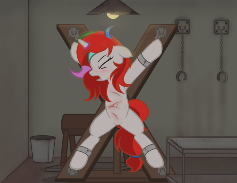 Size: 6221x4809 | Tagged: suggestive, artist:equestria secret guard, derpibooru import, oc, oc:shallow light, unofficial characters only, alicorn, pony, unicorn, alicorn oc, basement, bdsm, blushing, bondage, bondage cross, bondage cuffs, bondage furniture, bondage gear, bound, bound wrists, chains, cuffs, dungeon, featureless crotch, female, helpless, horn, horn ring, image, jewelry, magic suppression, mare, open mouth, panting, png, ring, scar, simple background, solo, spread eagle, spread legs, spreading, struggling, tied up, transparent background, unicorn oc, wings