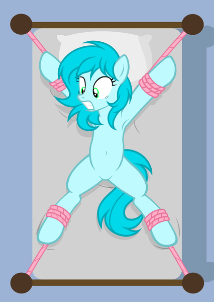 Size: 4227x5960 | Tagged: safe, artist:equestria secret guard, derpibooru import, oc, oc:suxuan, oc:素萱, unofficial characters only, earth pony, pony, bed, belly, belly button, bondage, earth pony oc, featureless crotch, female, gritted teeth, helpless, image, kidnapped, lying down, mare, on back, on bed, png, restrained, rope, rope bondage, scared, sexy, spread eagle, spread legs, spreading, teeth, tied down, tied to bed, tied up