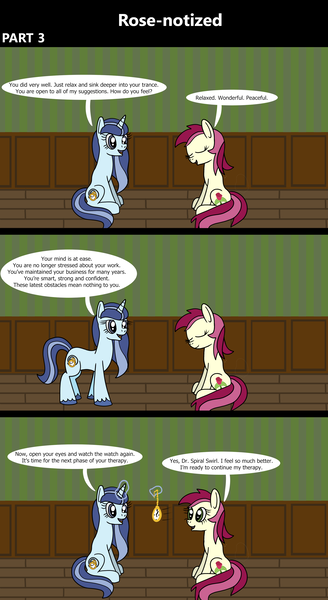 Size: 1920x3516 | Tagged: safe, artist:platinumdrop, derpibooru import, roseluck, oc, oc:spiral swirl, earth pony, pony, unicorn, comic:rose-notized, 3 panel comic, comic, commission, dialogue, duo, female, image, magic, mare, png, sitting, speech bubble, telekinesis, watch