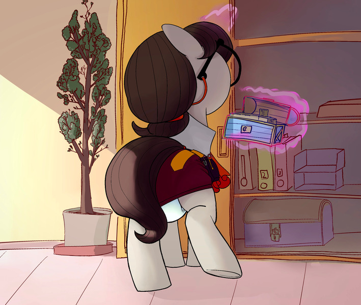 Size: 2350x1988 | Tagged: questionable, artist:asdfasfasda, derpibooru import, raven, clothes, diaper, diaper fetish, fetish, glasses, image, indoors, jpeg, magic, non-baby in diaper, potted plant, raised leg, rear view, shelf, skirt, skirt lift, solo