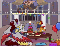 Size: 2020x1556 | Tagged: safe, artist:inkbl0t, derpibooru import, oc, oc:blaze aura, oc:comet, oc:misty sparks, oc:skyfire lumia, dragon, earth pony, pegasus, unicorn, fallout equestria, backpack, balloon, cake, colored wings, commission, cuddling, decorating, food, group, image, jpeg, multicolored wings, party, scenery, stable, stable 36, wings