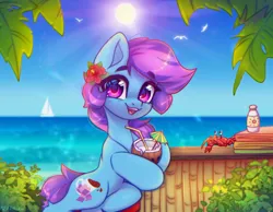 Size: 4000x3100 | Tagged: safe, alternate version, artist:radioaxi, derpibooru import, oc, oc:nohra, unofficial characters only, crab, earth pony, pony, beach, coconut cup, commission, crepuscular rays, earth pony oc, eyebrows, eyebrows visible through hair, female, flower, flower in hair, high res, hoof hold, image, looking at you, mare, ocean, open mouth, open smile, outdoors, png, sky, smiling, smiling at you, solo, summer, sun, water, ych result