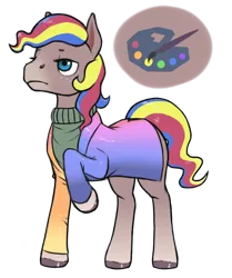 Size: 1360x1628 | Tagged: safe, artist:multiverseequine, derpibooru import, oc, oc:palette swirl, unofficial characters only, earth pony, pony, bottomless, clothes, colorful, cutie mark, derpibooru exclusive, earth pony oc, freckles, full body, image, jacket, male, multicolored hair, partial nudity, png, rainbow hair, raised hoof, shiny, simple background, solo, sweater, toothpaste hair, transparent background, turtleneck, unimpressed