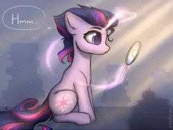 Size: 2000x1500 | Tagged: safe, artist:radioaxi, derpibooru import, twilight sparkle, pony, unicorn, alternate hairstyle, eyebrows, female, g4, glow, glowing horn, horn, image, levitation, looking at something, magic, mare, mirror, png, profile, reflection, sitting, solo, speech bubble, telekinesis, unicorn twilight