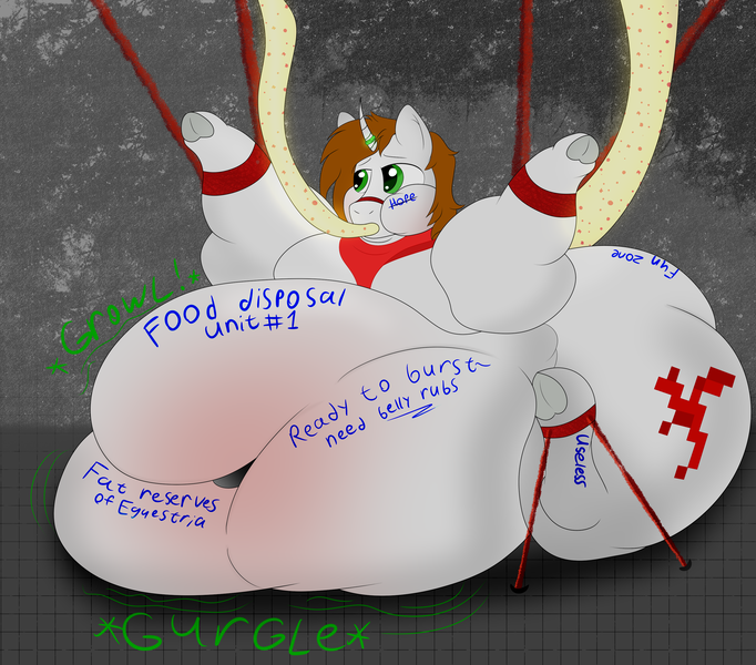 Size: 3000x2640 | Tagged: questionable, artist:strange tartlet, derpibooru import, oc, oc:marzen dragon, pony, unicorn, anal foodplay, belly, belly button, big belly, blob, blushing, body writing, bondage, bound, butt, fat, feeding, food, foodplay, force feeding, hose, huge belly, huge butt, image, immobile, implied anal insertion, implied insertion, impossibly large belly, impossibly large butt, large butt, male, morbidly obese, obese, onomatopoeia, png, simple background, sitting, solo