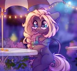 Size: 3345x3100 | Tagged: safe, artist:radioaxi, derpibooru import, oc, oc:libra lavanda, unofficial characters only, earth pony, pony, bendy straw, bubble tea, chair, clothes, coin, commission, drink, drinking, drinking straw, earth pony oc, eyebrows, female, glasses, high res, image, mare, outdoors, png, scarf, sitting, solo, string lights, table, umbrella, ych result