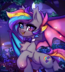 Size: 2786x3100 | Tagged: safe, artist:radioaxi, derpibooru import, oc, unofficial characters only, bat pony, pony, bat pony oc, bat wings, bowtie, chest fluff, cloud, eye clipping through hair, eyebrows, eyebrows visible through hair, fangs, female, full moon, heterochromia, image, looking at you, mare, moon, multicolored hair, night, night sky, open mouth, open smile, outdoors, png, rainbow hair, rainbow tail, raised hoof, sky, slit pupils, smiling, smiling at you, solo, spread wings, tail, tree, wings