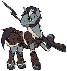 Size: 884x935 | Tagged: safe, artist:multiverseequine, derpibooru import, oc, oc:okeanos, unofficial characters only, pony, unicorn, armor, bag, bayonet, clothes, daybreak island, derpibooru exclusive, freckles, full body, gun, horn, image, leather, leather armor, male, png, quadrupedal, rifle, saddle bag, sideburns, simple background, solo, stallion, transparent background, two toned mane, unicorn oc, unshorn fetlocks, weapon