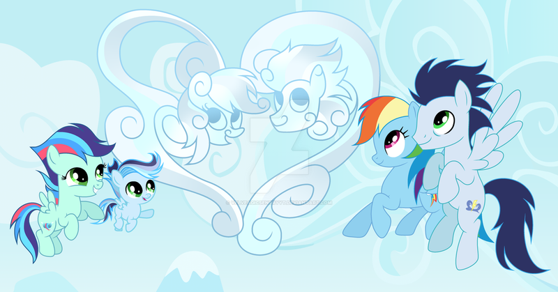 Size: 1024x536 | Tagged: safe, artist:velveagicsentryyt, derpibooru import, rainbow dash, soarin', oc, oc:prisdale, oc:rainbow blitzes, pony, cloud, female, filly, foal, image, male, offspring, parent:rainbow dash, parent:soarin', parents:soarindash, png, shipping, soarindash, straight