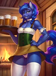 Size: 3584x4864 | Tagged: suggestive, ai content, derpibooru import, machine learning generated, princess luna, anthro, alcohol, bar maid, beer, beer stein, braid, braided pigtails, breasts, cameltoe, choker, clothes, delicious flat chest, dirndl, dress, drink, ethereal mane, ethereal tail, female, fireplace, g4, hand on hip, image, jpeg, looking at you, miniskirt, oktoberfest, panties, pigtails, prompter:groupstation, skirt, smiling, smiling at you, socks, solo, solo female, standing, starry mane, starry tail, stockings, tail, tavern, thigh highs, thong, tray, underwear, upskirt, wench, white stockings