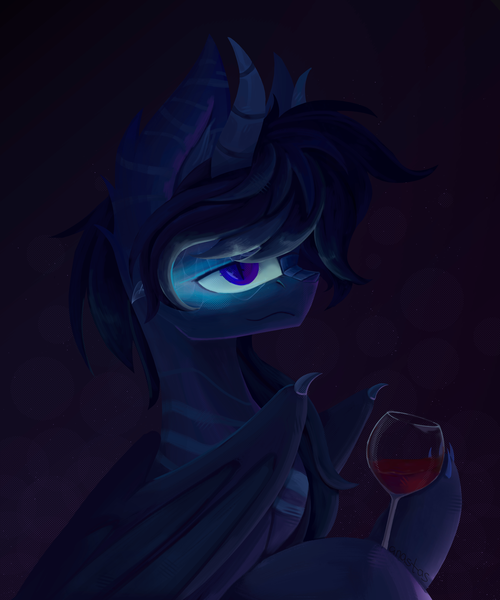 Size: 2500x3000 | Tagged: safe, artist:anastas, derpibooru import, oc, unofficial characters only, bat pony, hybrid, blue coat, blue mane, bust, claws, commission, glass, glow, glowing eyes, horns, image, looking at you, png, portrait, simple background, smiling, solo, stripes, wine glass, wings