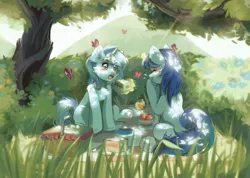 Size: 3000x2140 | Tagged: safe, alternate version, artist:pledus, derpibooru import, oc, unofficial characters only, butterfly, insect, pony, unicorn, basket, blushing, bush, chest fluff, commission, cute, duo, duo female, ear fluff, eye clipping through hair, eyebrows, eyebrows visible through hair, eyes closed, female, flower, food, giggling, glow, glowing horn, grass, happy, herbivore, high res, horn, image, laughing, levitation, magic, magic aura, mare, ocbetes, open mouth, outdoors, picnic, picnic basket, picnic blanket, png, sandwich, signature, sitting, smiling, sparkly eyes, strawberry, telekinesis, tree, unicorn oc, wingding eyes