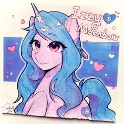 Size: 2448x2448 | Tagged: safe, artist:xiaowu07, derpibooru import, izzy moonbow, pony, unicorn, g5, cute, female, image, looking at you, mare, png, smiling, solo, traditional art