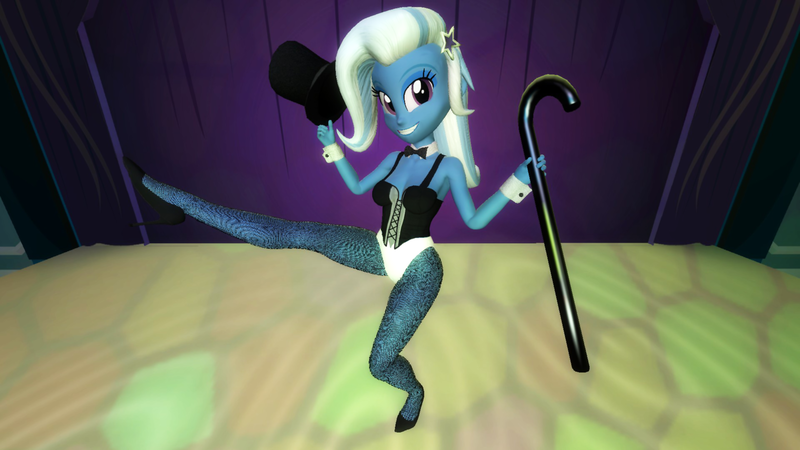 Size: 1920x1080 | Tagged: safe, artist:oatmeal!, derpibooru import, trixie, human, equestria girls, 3d, bare shoulders, breasts, cane, canterlot high, cleavage, clothes, dancing, fishnets, gmod, hat, high heels, image, legs in air, looking at you, performance, png, shoes, solo, spotlight, stage, tap dancing, top hat, vest