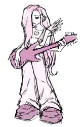 Size: 643x994 | Tagged: safe, artist:fluttershyes, derpibooru import, fluttershy, human, electric guitar, guitar, hair over one eye, humanized, image, musical instrument, png, simple background, solo, white background, winged humanization, wings