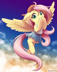 Size: 1600x2000 | Tagged: safe, artist:symbianl, derpibooru import, fluttershy, pegasus, pony, 90s grunge fluttershy, backwards ballcap, baseball cap, cap, clothes, colored eyebrows, cute, eyebrows, female, floppy ears, flying, g4, hat, image, looking at you, mare, png, shyabetes, skirt, sky, solo, spread wings, wings