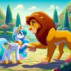 Size: 1024x1024 | Tagged: safe, derpibooru import, princess celestia, ai content, crossover, garden, image, jpeg, simba, size difference, the lion king