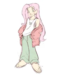 Size: 640x781 | Tagged: safe, artist:fluttershyes, derpibooru import, fluttershy, human, clothes, g4, hoodie, humanized, image, long hair, male, png, simple background, tanktop, trans male, transgender, transmasculine, white background