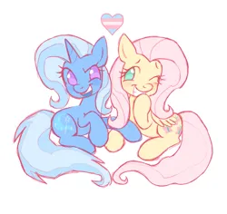 Size: 995x940 | Tagged: safe, artist:fluttershyes, derpibooru import, fluttershy, trixie, pegasus, pony, unicorn, duo, female, g4, image, lesbian, png, pride, pride flag, shipping, simple background, t4t, trans female, transgender, transgender pride flag, trixieshy, white background