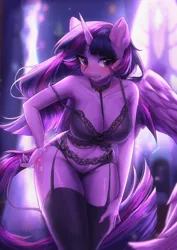 Size: 848x1200 | Tagged: source needed, suggestive, artist:hikerumin, derpibooru import, twilight sparkle, twilight sparkle (alicorn), alicorn, anthro, blushing, breasts, clothes, female, g4, image, jpeg, lingerie, solo, solo female