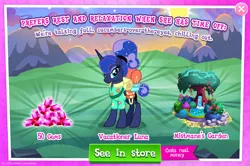 Size: 1958x1302 | Tagged: safe, derpibooru import, official, princess luna, alicorn, pony, advertisement, bag, bush, clothes, english, female, folded wings, gameloft, gem, horn, image, jpeg, lilypad, mare, mobile game, my little pony: magic princess, numbers, ponytail, sale, shirt, solo, solo focus, text, tree, wings