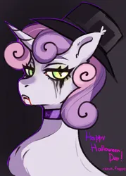 Size: 700x980 | Tagged: safe, artist:nosferatucami_, derpibooru import, sweetie belle, pony, undead, unicorn, vampire, vampony, blood, chest fluff, choker, commission, female, g4, halloween, hat, holiday, image, jpeg, makeup, mare, older, older sweetie belle, running makeup, running mascara, solo, ych example, your character here