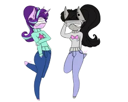 Size: 2067x1654 | Tagged: safe, artist:lovelydreams14, derpibooru import, octavia melody, starlight glimmer, anthro, earth pony, unguligrade anthro, unicorn, clothes, commission, denim, duo, female, g4, image, jeans, pants, png, shutter shades, simple background, smiling, standing, standing on one leg, sunglasses, sweater, transparent background