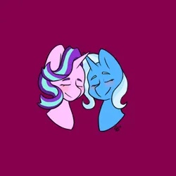 Size: 2160x2160 | Tagged: safe, artist:galaxysquid, derpibooru import, starlight glimmer, trixie, pony, unicorn, blushing, bust, duo, eyes closed, female, g4, horn, horns are touching, image, mare, png, portrait, purple background, simple background, smiling