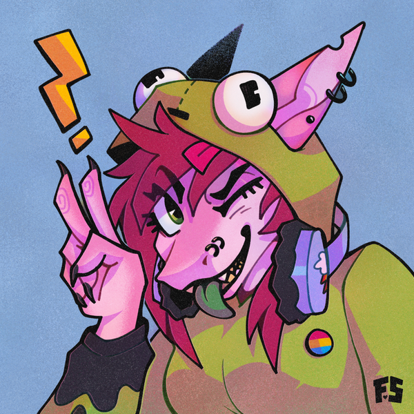 Size: 1500x1500 | Tagged: safe, artist:fizzlesoda2000, derpibooru import, anthro, shark, antonymph, breasts, bust, exclamation point, furry, gir, headphones, image, looking at you, not pony related, one eye closed, pansexual pride flag, peace sign, png, pride, pride flag, solo, tongue out, vylet pony, wink