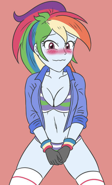 Size: 1167x1920 | Tagged: suggestive, artist:sumin6301, derpibooru import, rainbow dash, human, equestria girls, ass, black gloves, blue jacket, blushing, blushing profusely, boots, bra, breasts, busty rainbow dash, butt, clothes, covering, covering crotch, eyebrows, eyebrows visible through hair, eyelashes, face, female, g4, grin, heart, image, jpeg, kneeling, nervous, nervous grin, panties, pink background, ponytail, rainbutt dash, sexy, shoes, shy, simple background, smiling, socks, solo, spoilers for another series, spread legs, spreading, striped bra, striped panties, striped underwear, stupid sexy rainbow dash, thighs, underwear, white socks, wristband