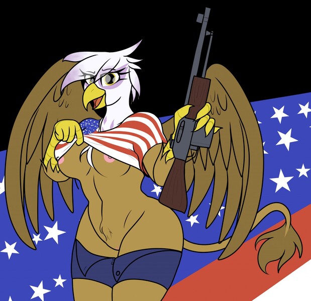 Size: 1280x1240 | Tagged: questionable, artist:codras, gilda, anthro, gryphon, 4th of july, american flag, areola, bottomless, breasts, browning automatic rifle, busty gilda, chest feathers, clothes, feathered wings, featureless crotch, flag, flashing boobs, gun, hips, holiday, image, independence day, jpeg, leonine tail, looking at you, murica, nipples, no panties, nudity, open mouth, pants, pants down, pubic fluff, shirt, shirt lift, shorts, solo, spread wings, t-shirt, tail, thighs, undernipple, weapon, wings