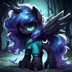 Size: 1024x1024 | Tagged: safe, machine learning generated, ponerpics import, ponybooru import, nightmare moon, princess luna, alicorn, pony, ai content, bing, clothes, female, filly, fluffy, foal, hoodie, hoof polish, image, jpeg, nightmare luna, solo, unshorn fetlocks, younger