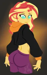 Size: 3452x5497 | Tagged: safe, artist:egor418, derpibooru import, sunset shimmer, human, equestria girls, ass, bunset shimmer, butt, clothes, cute, cutie mark, cutie mark on clothes, female, gradient background, hoodie, image, lineless, looking at you, looking back, orange background, pants, png, shimmerbetes, simple background, smiling, smiling at you, solo