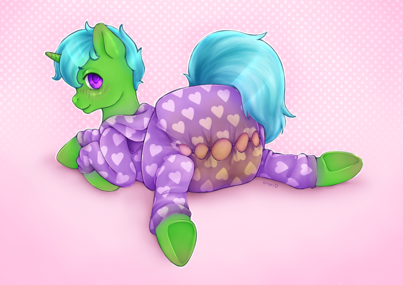 Size: 3508x2480 | Tagged: questionable, alternate version, artist:kirari_chan, derpibooru import, oc, oc:green byte, unofficial characters only, pony, unicorn, advertisement, blushing, clothes, commission, commission info, cute, diaper, diaper fetish, diaper under clothes, fetish, full body, fully shaded, heart, horn, image, looking at you, looking back, looking back at you, lying down, non-baby in diaper, onesie, png, poofy diaper, prone, rear view, shy, simple background, smiling, solo, underhoof, unicorn oc, wet clothes, wet diaper