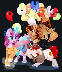 Size: 2126x2480 | Tagged: safe, artist:cutepencilcase, derpibooru import, oc, unofficial characters only, pegasus, pony, unicorn, balloon, horn, image, jpeg, pegasus oc, ponycon holland, solo, trio, unicorn oc, wings