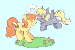 Size: 1011x670 | Tagged: safe, artist:fluttershyes, derpibooru import, carrot top, derpy hooves, golden harvest, earth pony, pegasus, pony, blue background, duo, female, image, lesbian, png, ship:derpytop, shipping, simple background