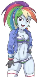 Size: 1466x2775 | Tagged: suggestive, artist:sumin6301, derpibooru import, rainbow dash, human, equestria girls, belly button, breasts, busty rainbow dash, clothes, female, gloves, hand on hip, high res, image, jacket, jpeg, looking at you, open clothes, open jacket, open mouth, ponytail, simple background, smiling, smiling at you, socks, solo, solo female, striped socks, underwear, undressing, white background