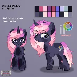 Size: 2048x2048 | Tagged: safe, artist:artsypaws, derpibooru import, oc, unofficial characters only, pony, unicorn, alternate design, chest fluff, colored, ear fluff, genderfluid, image, obtrusive watermark, png, reference sheet, self insert, solo, twitterina design, watermark