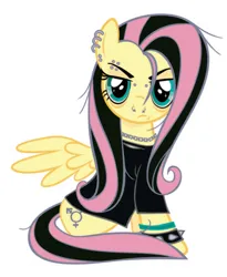 Size: 828x1009 | Tagged: safe, derpibooru import, edit, editor:fluttershyes, vector edit, fluttershy, pegasus, pony, bloodshot eyes, bracelet, chains, clothes, dyed mane, dyed tail, ear piercing, emoshy, eyebrow piercing, image, nose piercing, piercing, png, shirt, simple background, spiked wristband, spread wings, tail, transgender, transgender symbol, vector, white background, wings, wristband