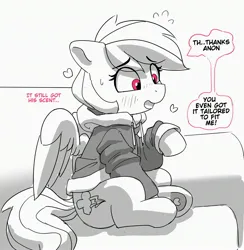 Size: 2653x2713 | Tagged: safe, artist:pabbley, derpibooru import, rainbow dash, pegasus, pony, blush lines, blushing, clothes, couch, cute, dashabetes, dialogue, emanata, eye clipping through hair, eyebrows, eyebrows visible through hair, female, grayscale, hoodie, hoof heart, image, implied anon, jpeg, mare, monochrome, partial color, plewds, simple background, sitting, solo, speech bubble, underhoof, white background