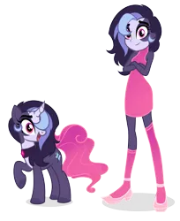Size: 3399x4172 | Tagged: safe, artist:arshe12, derpibooru import, oc, oc:glare cross, pony, unicorn, equestria girls, choker, clothes, commission, crossed arms, curved horn, dress, equestria girls-ified, female, high heels, horn, image, mare, markings, multicolored hair, open mouth, png, raised hoof, shoes, simple background, socks, solo, stockings, thigh highs, transparent background, ych result