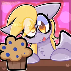 Size: 2000x2000 | Tagged: safe, artist:saveraedae, derpibooru import, blue october, blueberry muffin, derpy hooves, pegasus, pony, :p, abstract background, blushing, cute, derpabetes, eye clipping through hair, female, food, image, mare, muffin, png, solo, table, tongue out
