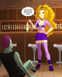 Size: 813x1000 | Tagged: suggestive, artist:riouku, derpibooru import, adagio dazzle, oc, human, equestria girls, alcohol, bar, belt, boots, breasts, cleavage, clothes, collar, dialogue, diamond, drink, eyeshadow, female, fingerless gloves, gem, gloves, hairband, image, imminent sex, indoors, jewelry, jpeg, looking down, makeup, male, open mouth, shoes, shorts, siren gem, skirt, sleeveless, smiling, socks, solo, tanktop, thigh highs, vest, word bubble