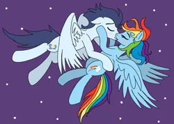 Size: 1012x720 | Tagged: safe, artist:dasher666, artist:tinuleaf, derpibooru import, edit, rainbow dash, soarin', pegasus, pony, female, flying, image, kiss on the lips, kissing, male, mare, night, png, shipping, sky, soarindash, stallion, straight