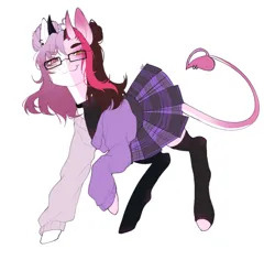 Size: 2163x2040 | Tagged: safe, artist:ruru_01, derpibooru import, oc, unofficial characters only, earth pony, original species, pony, succubus, clothes, commission, devil horns, devil tail, ear piercing, full body, glasses, grin, horns, image, looking at you, piercing, png, simple background, skirt, smiling, smiling at you, socks, solo, stockings, sweater, tail, thigh highs, white background
