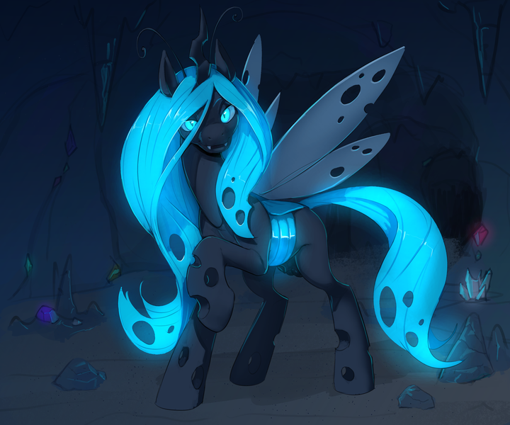 Size: 3000x2500 | Tagged: questionable, artist:gekasso, derpibooru import, changeling queen oc, oc, oc:queen fylifa, unofficial characters only, changeling, changeling queen, balls, bioluminescent, cave, cavern, changeling oc, female, glow, glowing hair, glowing tail, image, looking at you, nudity, png, sheath, spooky, spread wings, tail, wings