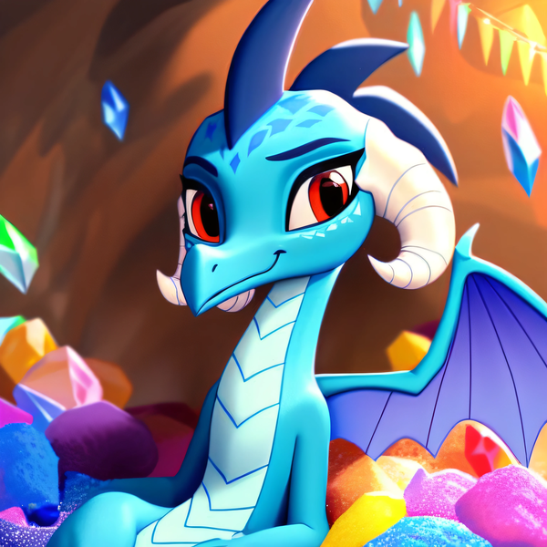 Size: 3072x3072 | Tagged: safe, derpibooru import, machine learning generated, stable diffusion, princess ember, dragon, ai content, cave, cute, diamond, dragoness, emberbetes, female, g4, gem, generator:purplesmart.ai, image, png, prompter:rupert, smiling