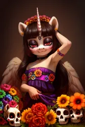 Size: 512x768 | Tagged: safe, ai content, banned from derpibooru, derpibooru import, machine learning generated, oc, oc:spring beauty, alicorn, anthro, pony, clothes, dia de los muertos, dress, female, filly, flower, foal, image, lolicon, makeup, png, prompter:miniferu, skull, solo, underage